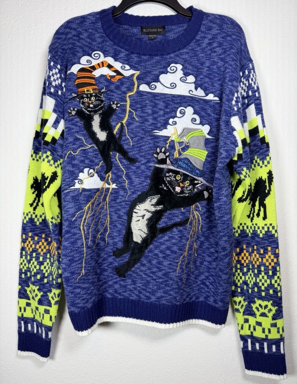 Blizzard Bay Halloween Black Cat Ugly Knit Sweater Witch & Wizard Embroidered